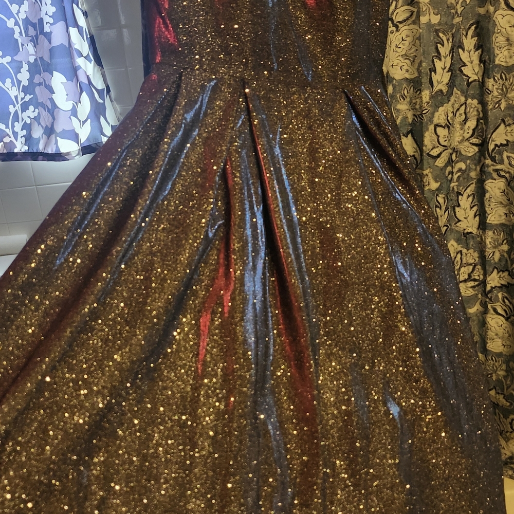 Adam Glittering Red and Gold Prom Dress